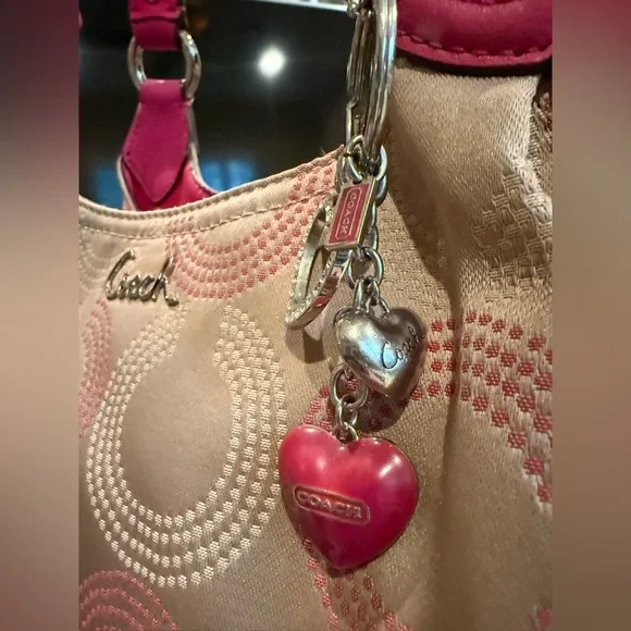 Coach F21920 Op Art Dotted Ashley Hobo Shoulder Bag Khaki Pink Branded Keychain - Picture 3 of 16